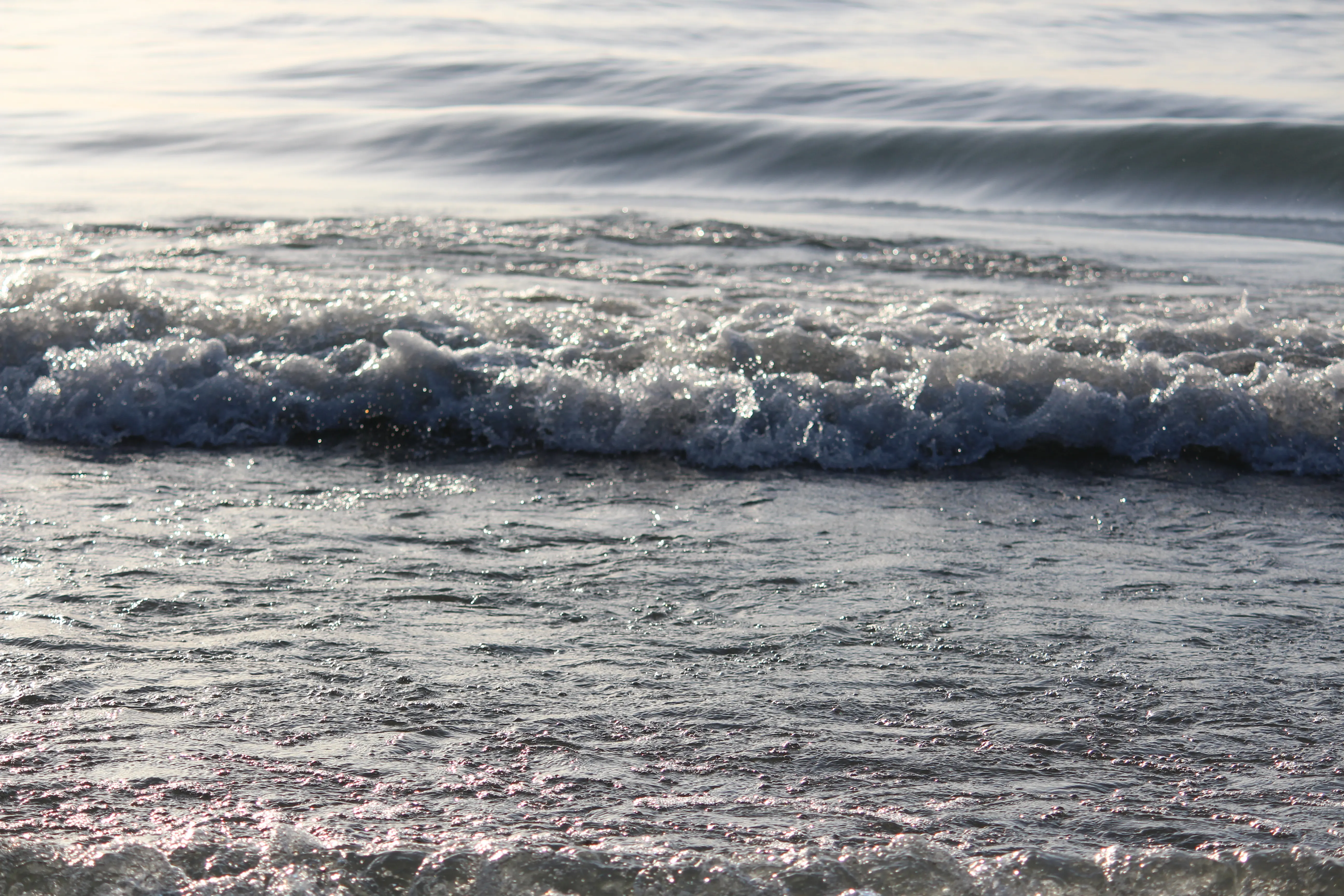 A wave breaking into foam at the shoreline, backlit by low sun on the water.