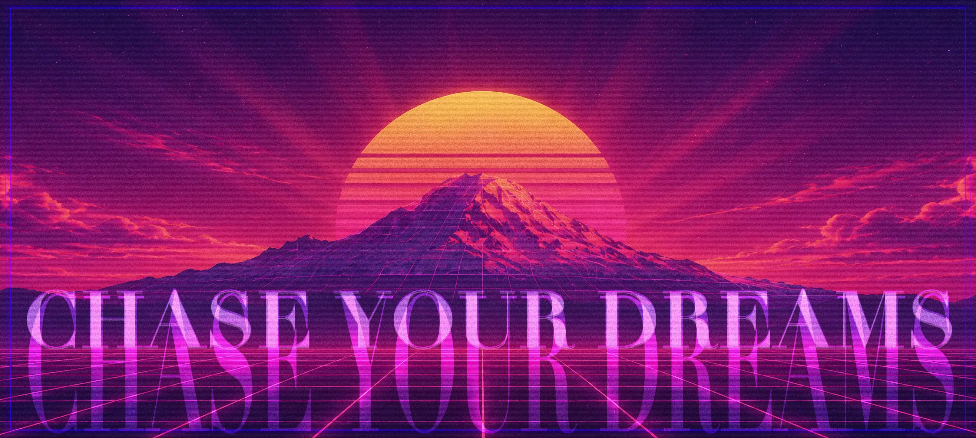 A snow-capped peak rising into a banded sun, magenta cloud above and a neon grid running to the horizon.