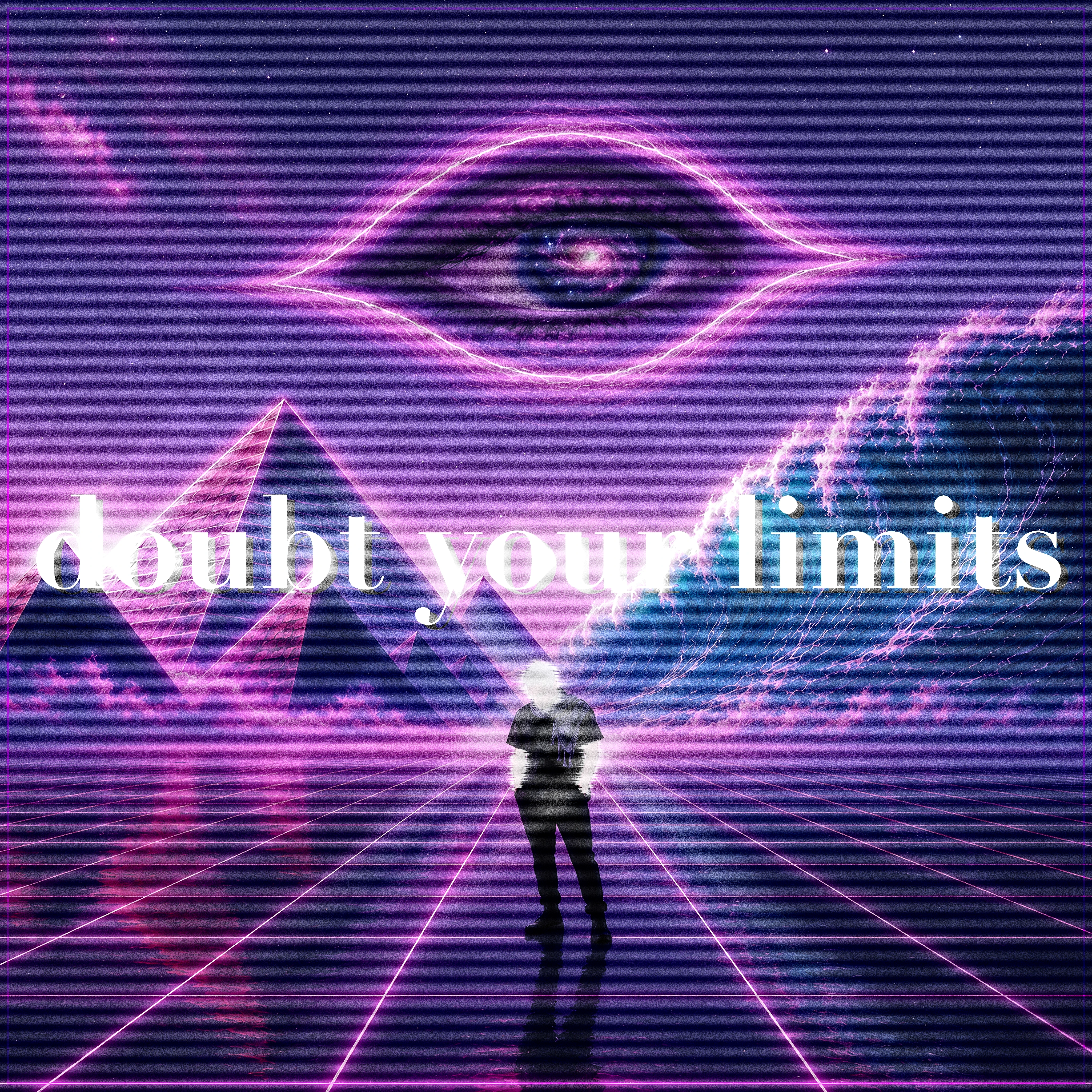 A lone figure on a neon grid between stone pyramids and a breaking wave, a galaxy held in the eye above.
