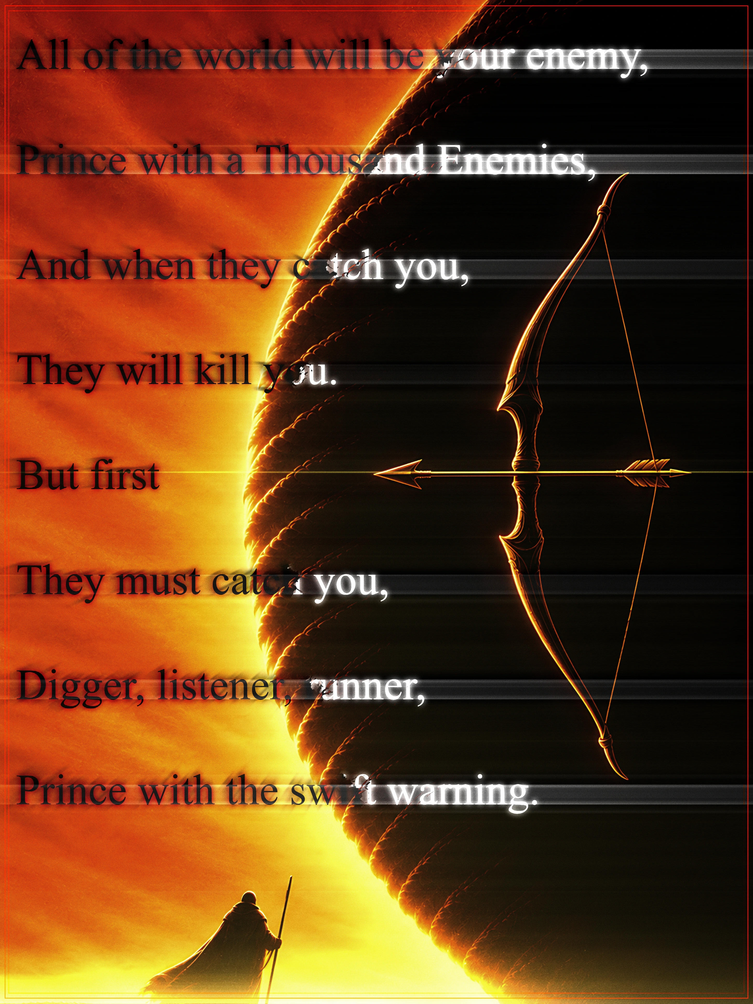 A drawn bow against the burning limb of a sun, a cloaked figure small beneath it, the blessing of El-ahrairah set across the sky.