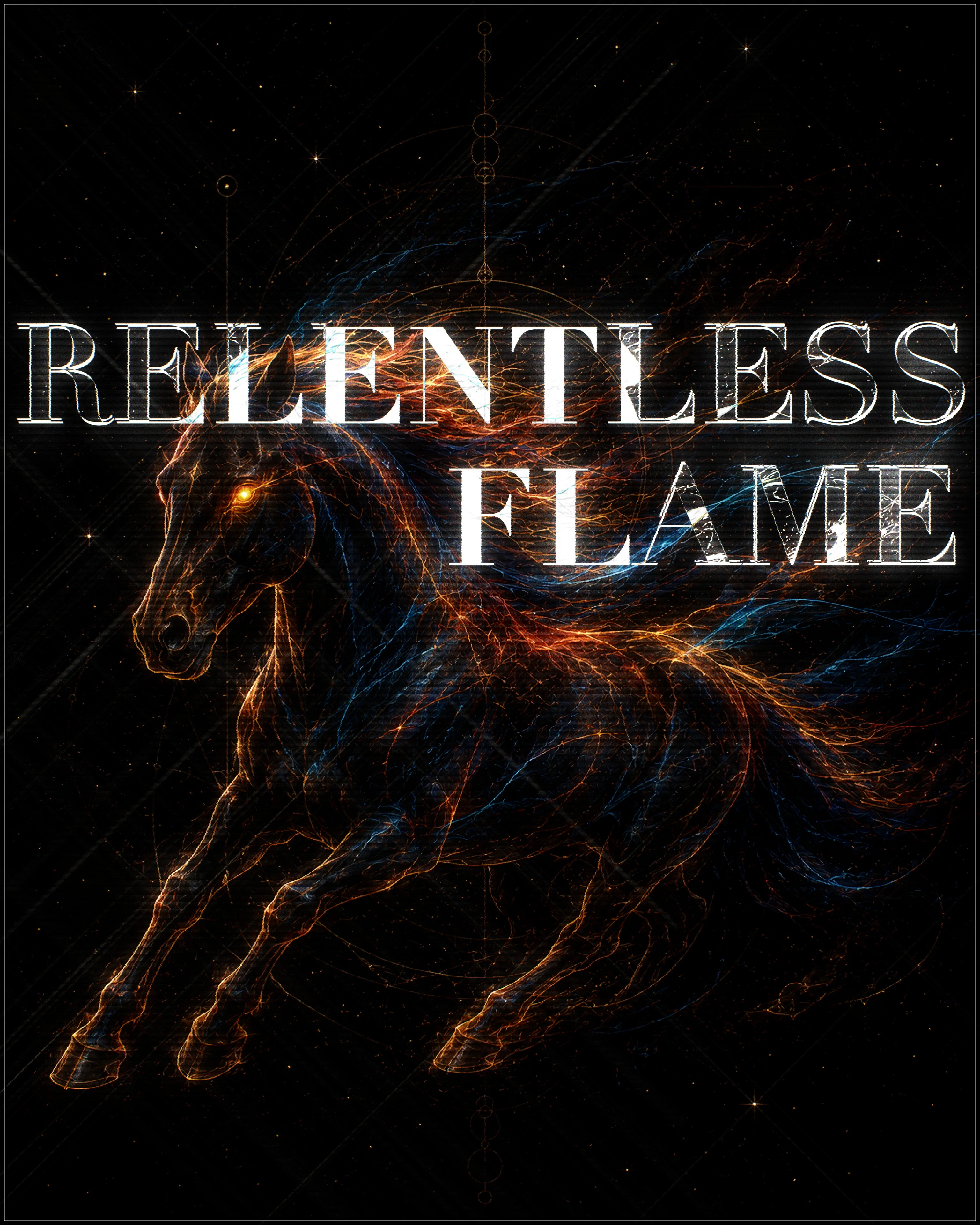 A galloping horse formed from streams of ember-orange and electric-blue energy against a dark starfield.