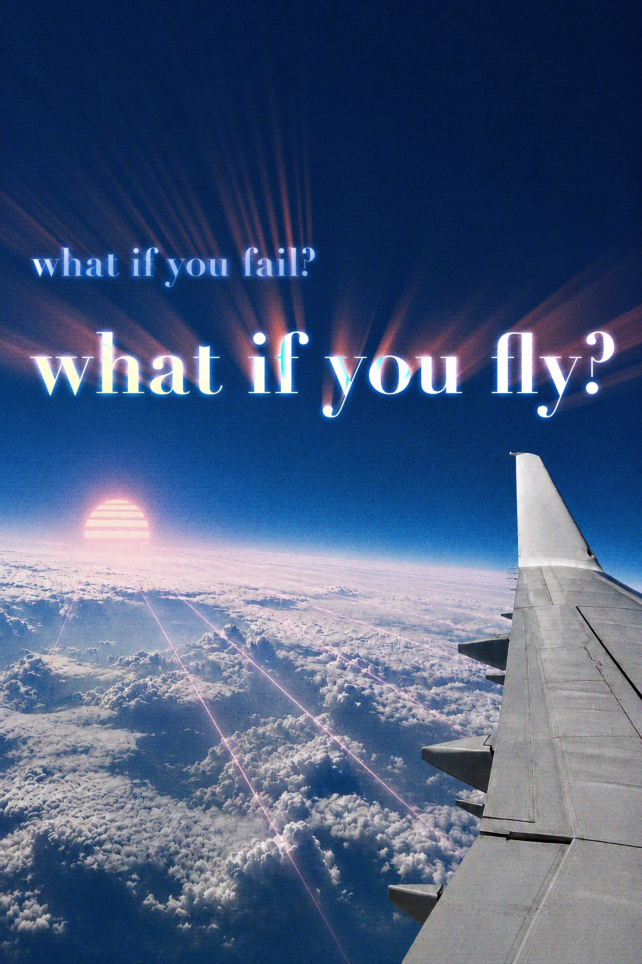 An aircraft wing held above a floor of cloud, sunlight fanning out across deep blue.